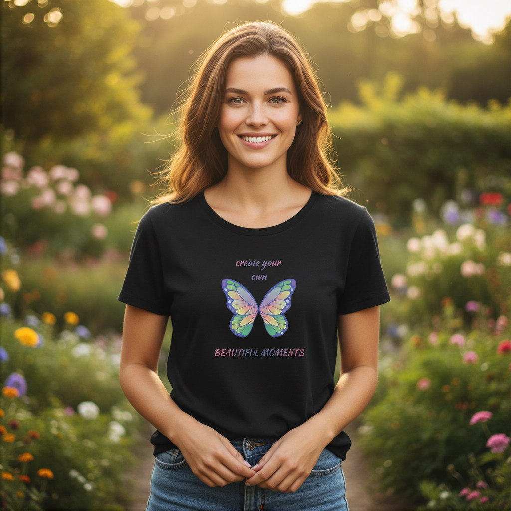 Beautiful Moments Butterfly Black Tee Nature Mockup