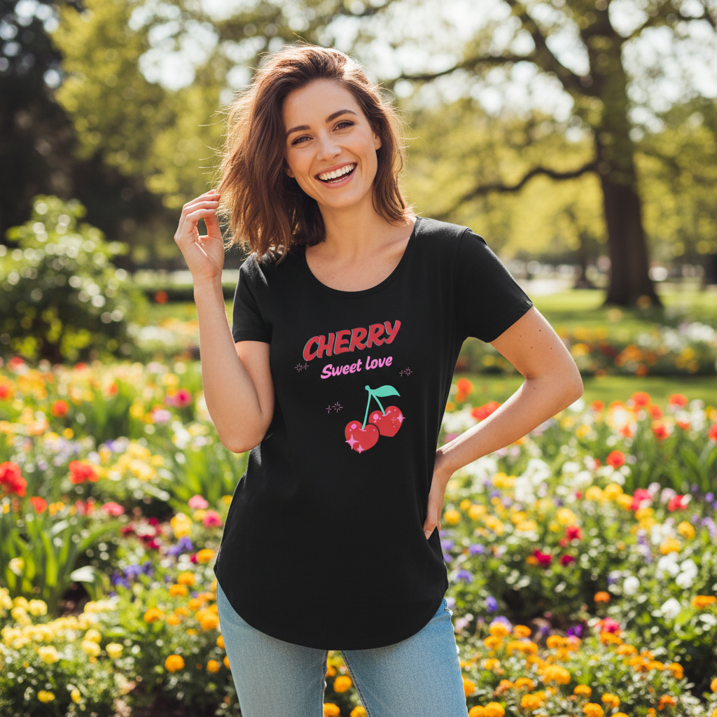 Black scoop neck Cherry Sweet love with flowers