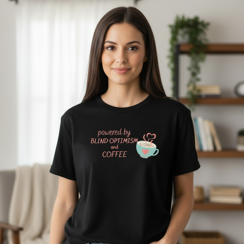 Blind Optimism and Coffee Tee – Cup at Hip Mockup
