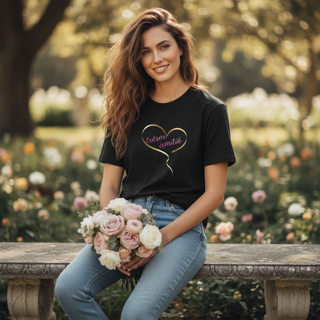 Casually posed model with flowers wearing Trésor Amitié tee