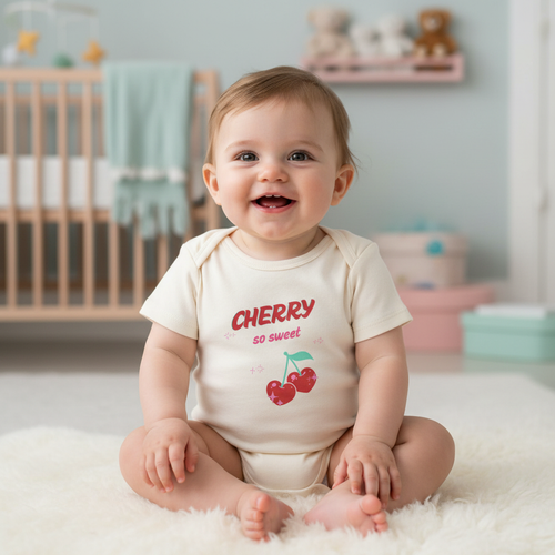Cherry So Sweet Baby Onesie Sitting Front Mockup