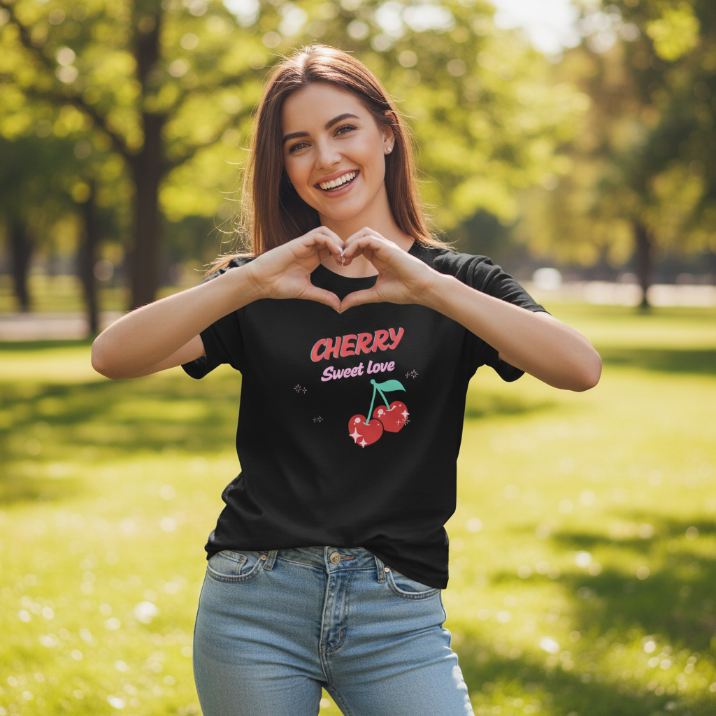Cherry Sweet love shirt over jeans mockup