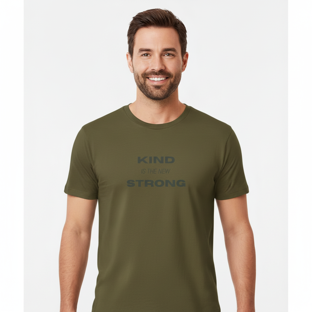 Confident kind man wearing Kind is the New Strong shirt