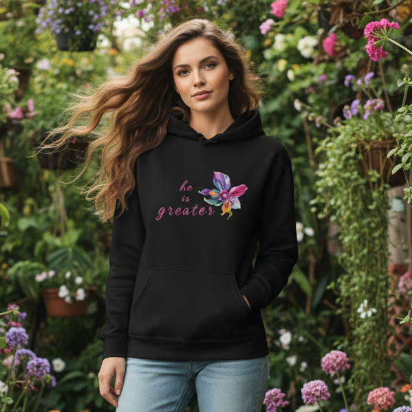 He Is Greater Hoodie - Outdoor Mockup