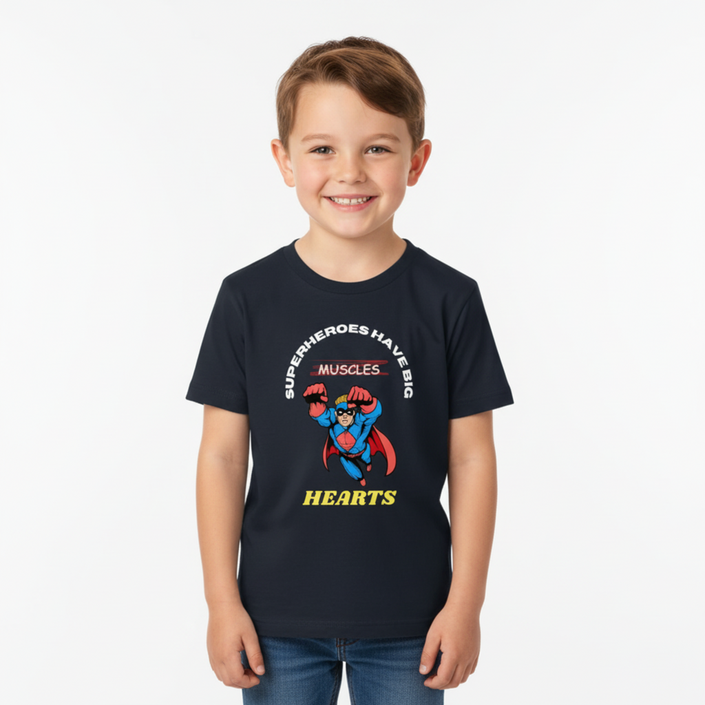 Kid wearing Superheroes Have Big Hearts tee