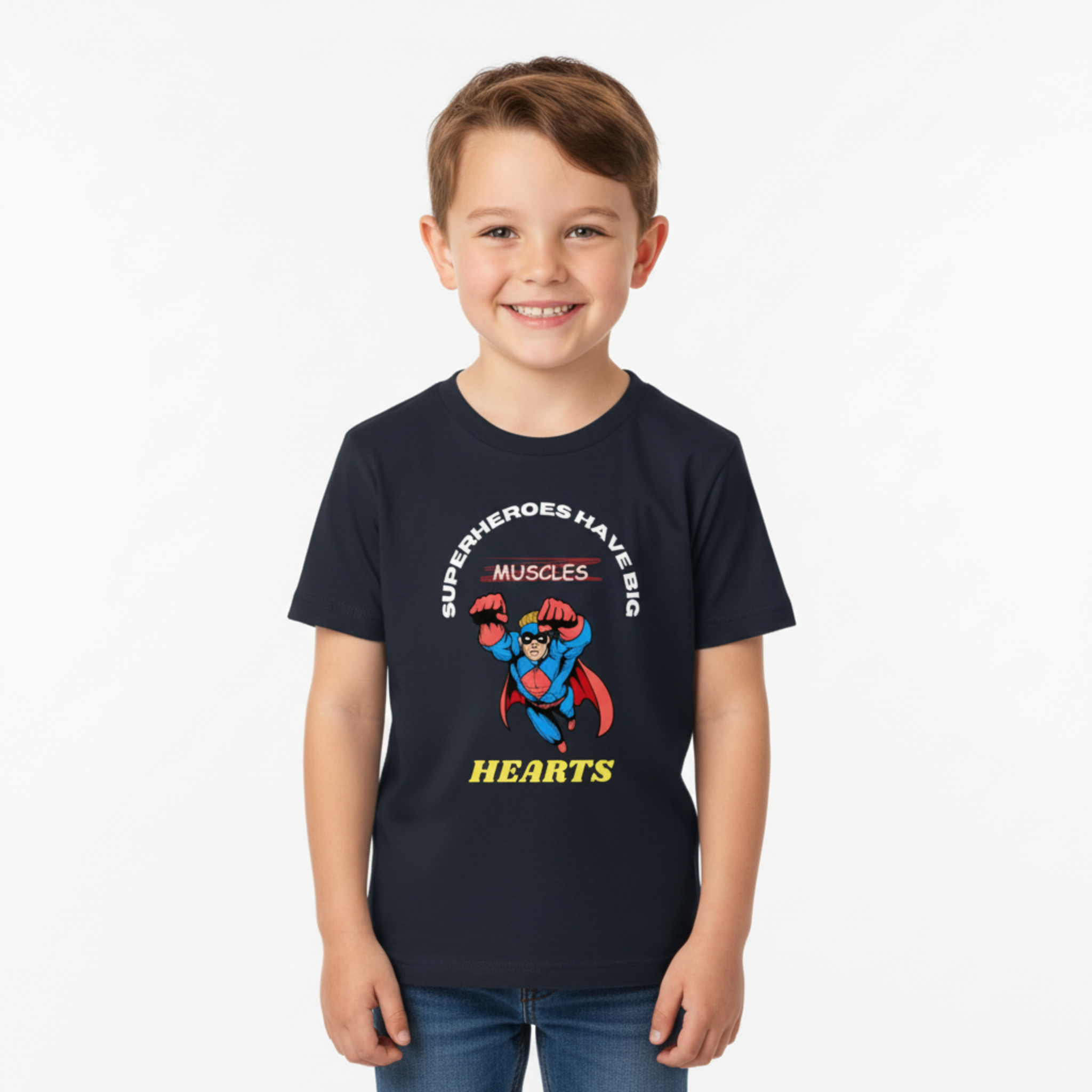 Kid wearing Superheroes Have Big Hearts tee
