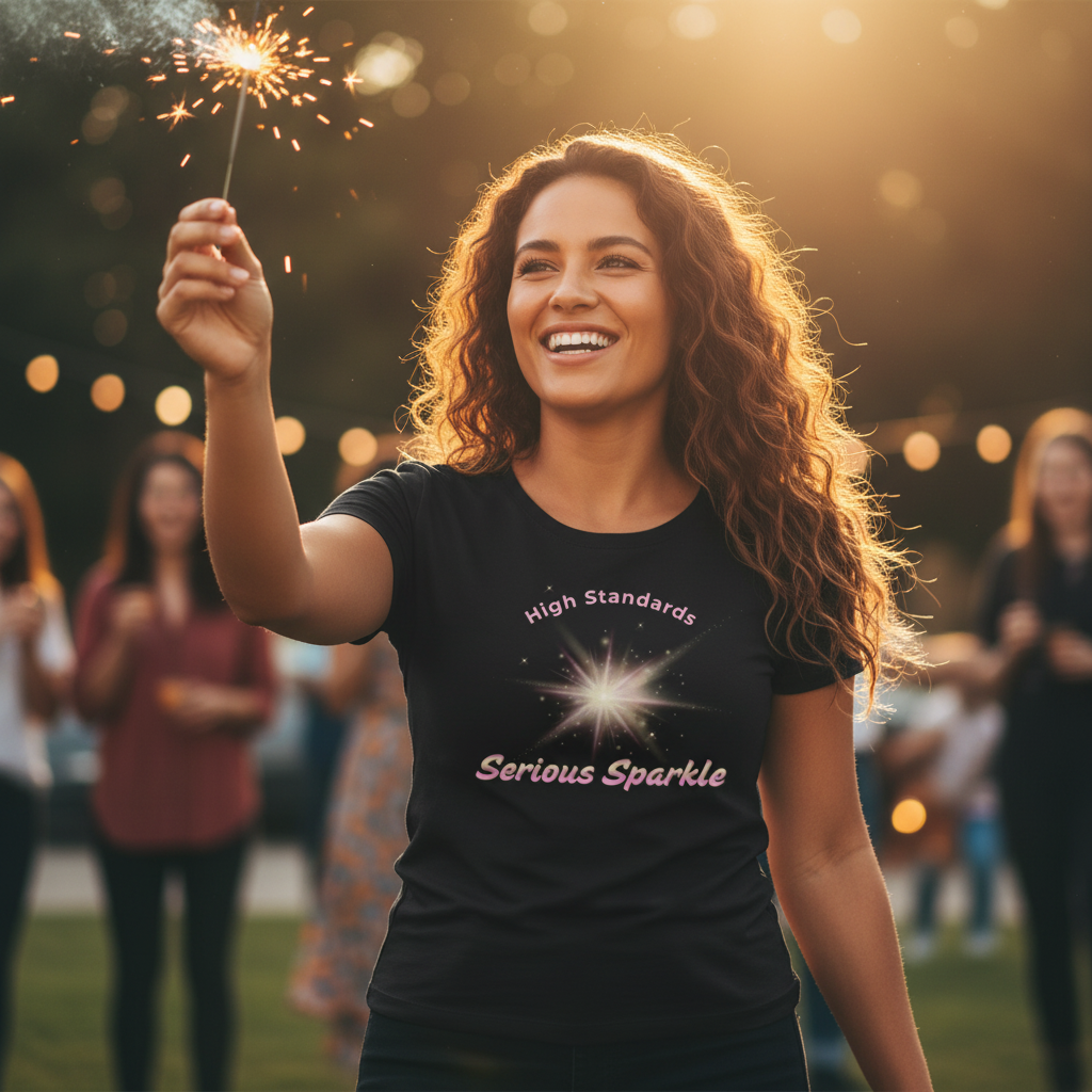 Lifestyle mockup of High Standards Serious Sparkle t-shirt