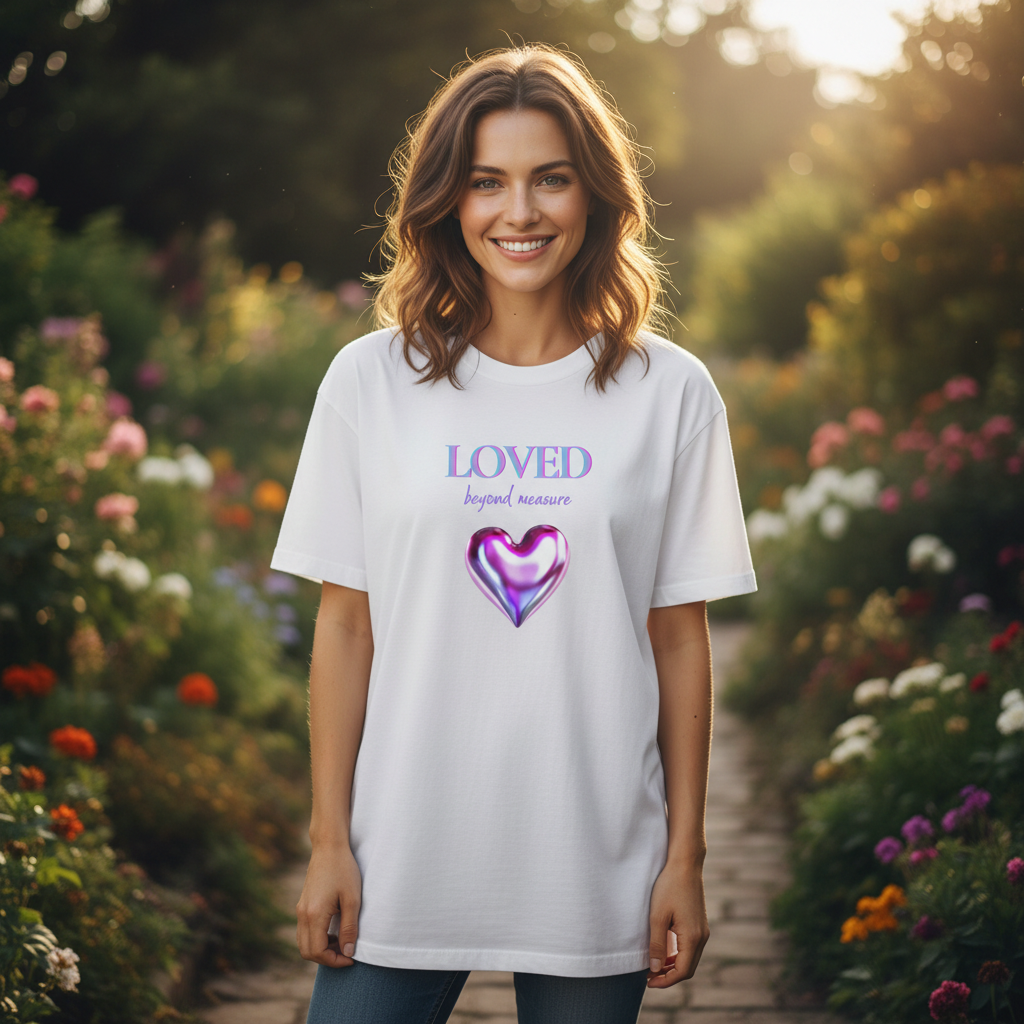 LOVED Beyond Measure White Tee Relaxed Smaller Design Mockup