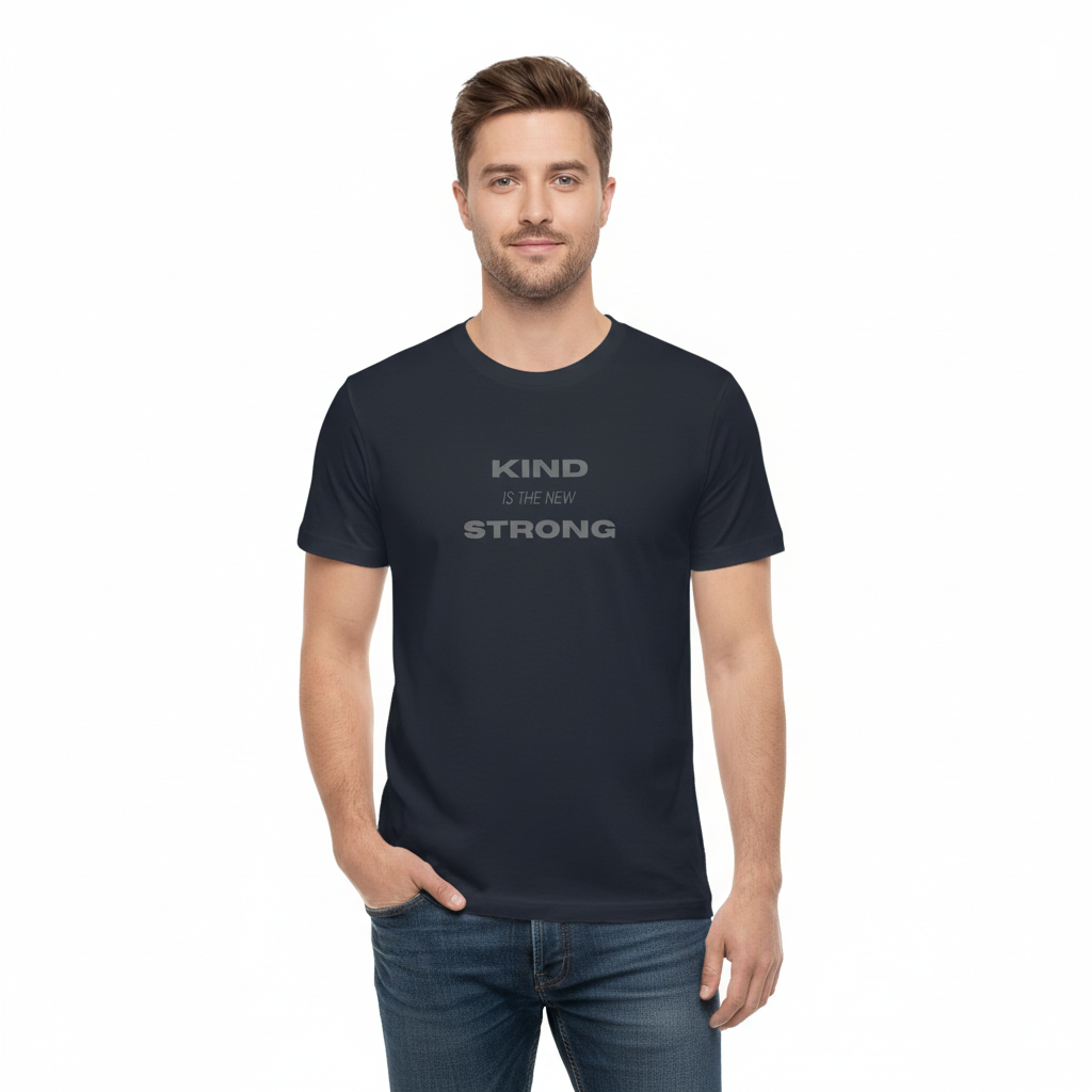 Man wearing navy Kind is the new Strong tee mockup