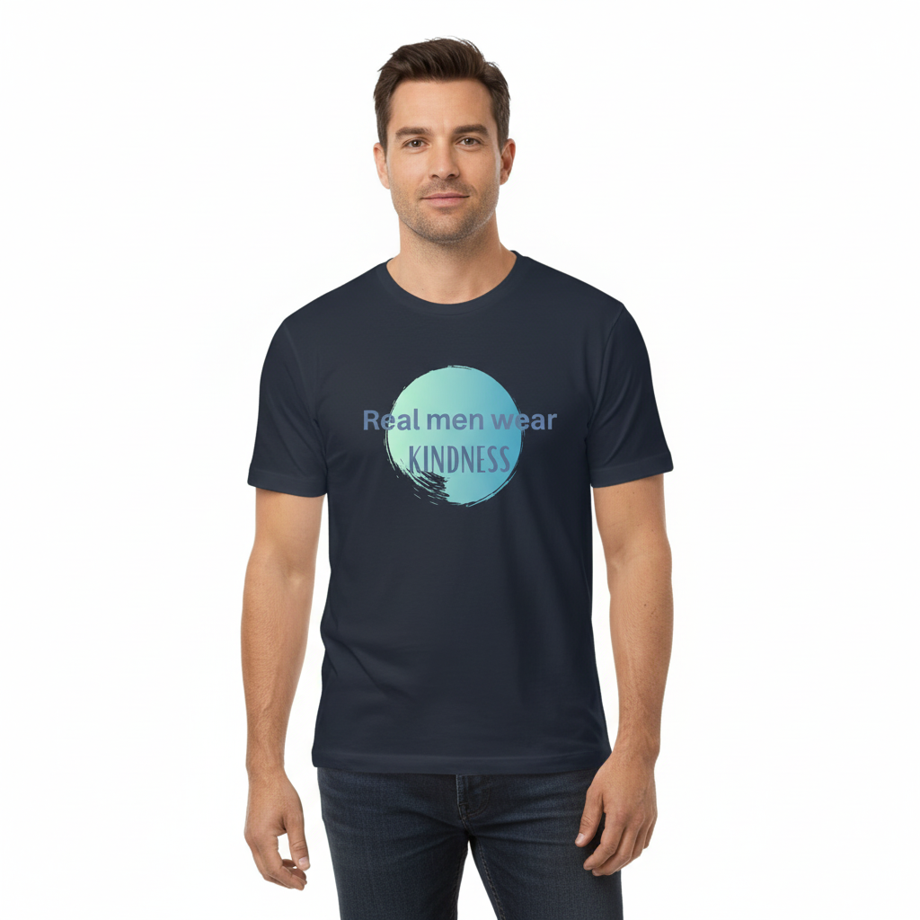Man wearing navy Real men wear Kindness tee mockup