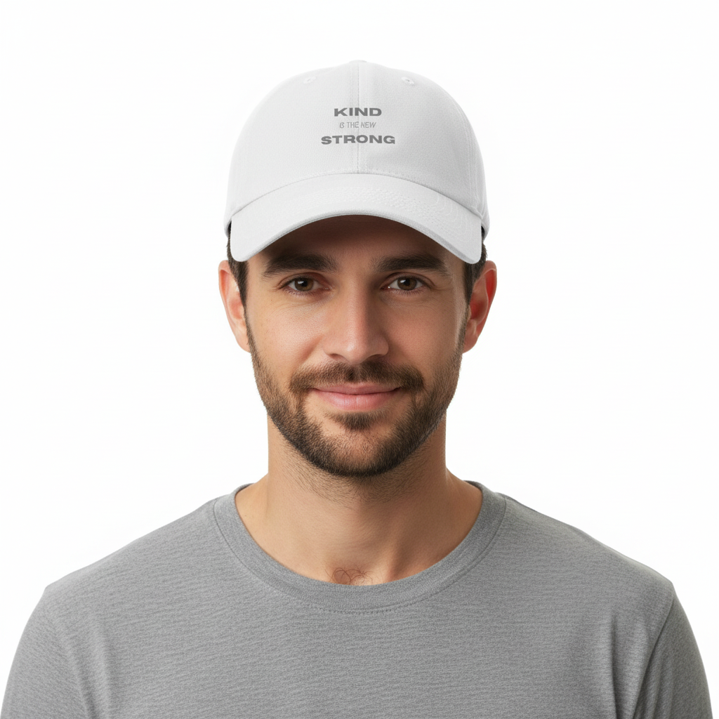 Man wearing white KIND IS THE NEW STRONG cap