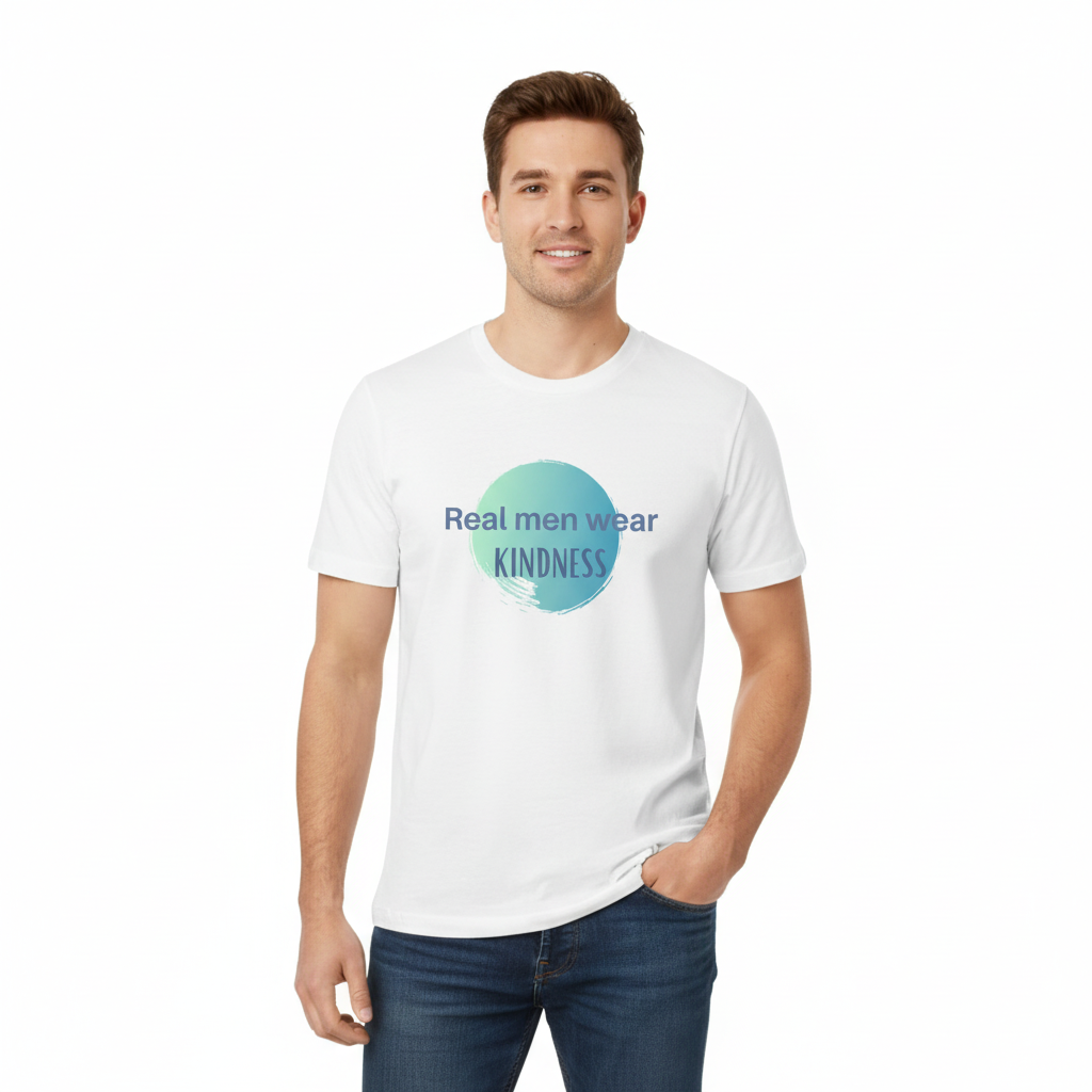 Man wearing white Real men wear Kindness tee mockup