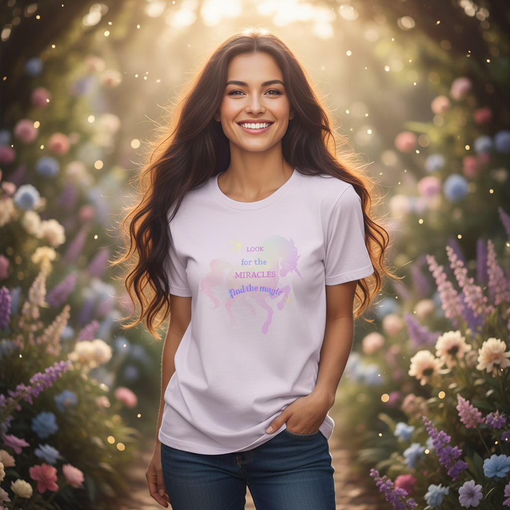 Mockup of woman wearing orchid tee in magical garden