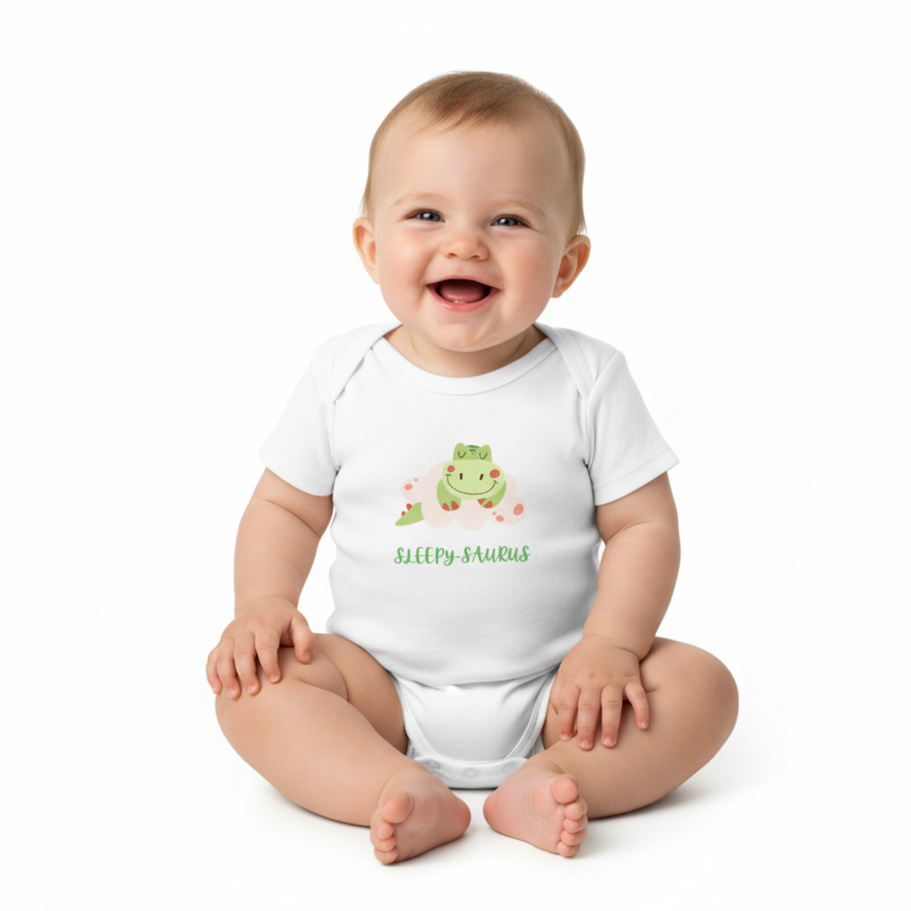 Smiling baby sitting in Sleepy-saurus onesie