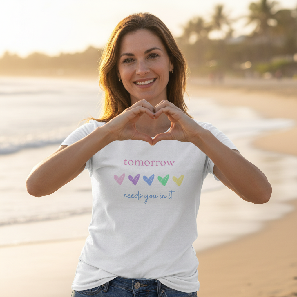 Tomorrow White Tee — Beach, Heart Hands, Square