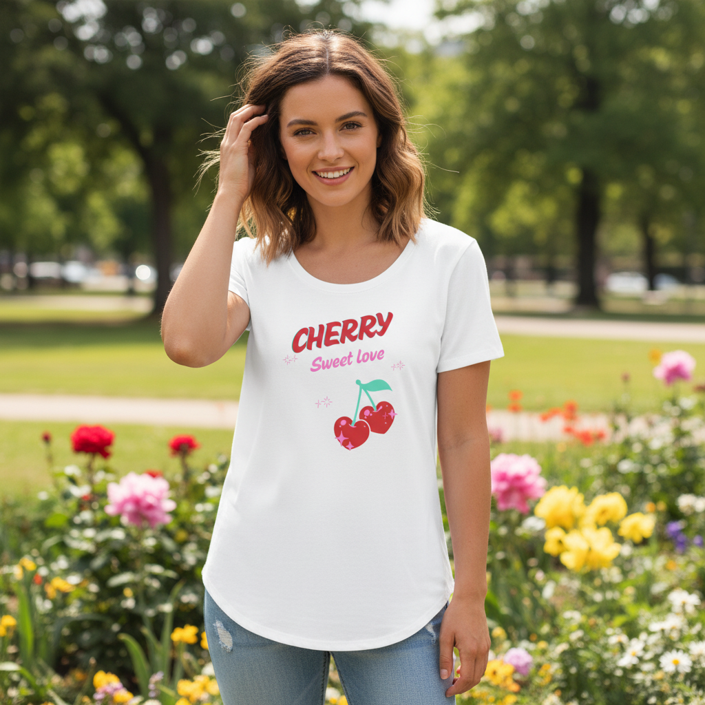 White scoop neck Cherry Sweet love with flowers