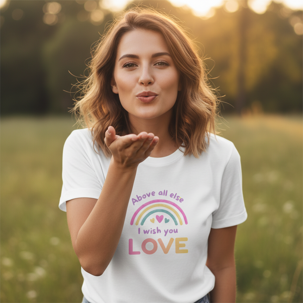 Woman blowing kiss wearing Above all else I wish you LOVE t-shirt mockup