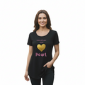 Woman in casual pose wearing Listen with your whole heart t-shirt on white background