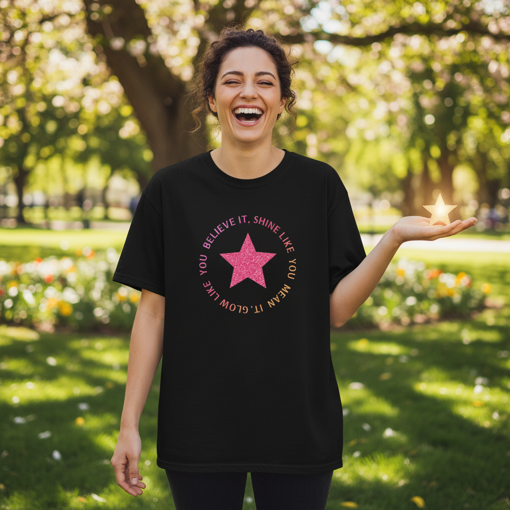 Woman in relaxed boyfriend fit tee - fresh start