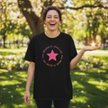 Woman in relaxed boyfriend fit tee - fresh start