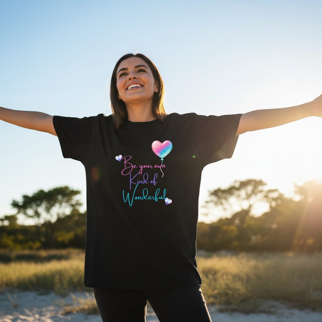 Woman in relaxed boyfriend tee with design clearly visible
