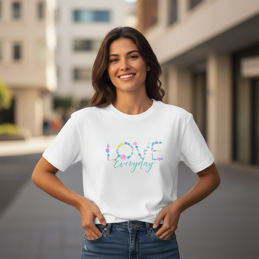 Woman making heart shape at side with LOVE Everyday design visible