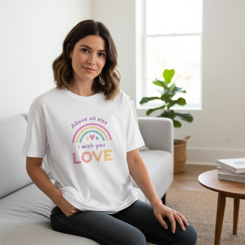 Woman wearing Above all else I wish you LOVE rainbow design in chic indoor setting