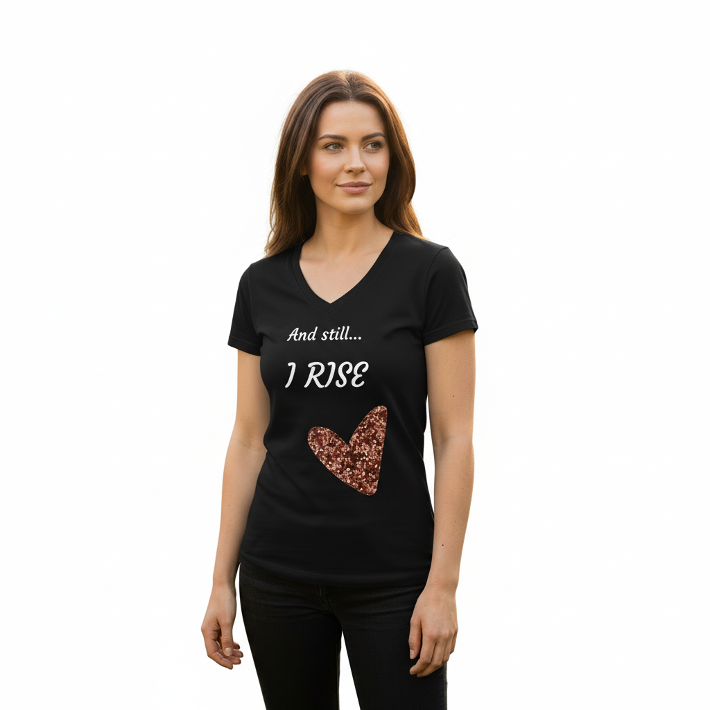 Woman wearing And still I RISE v-neck with white background