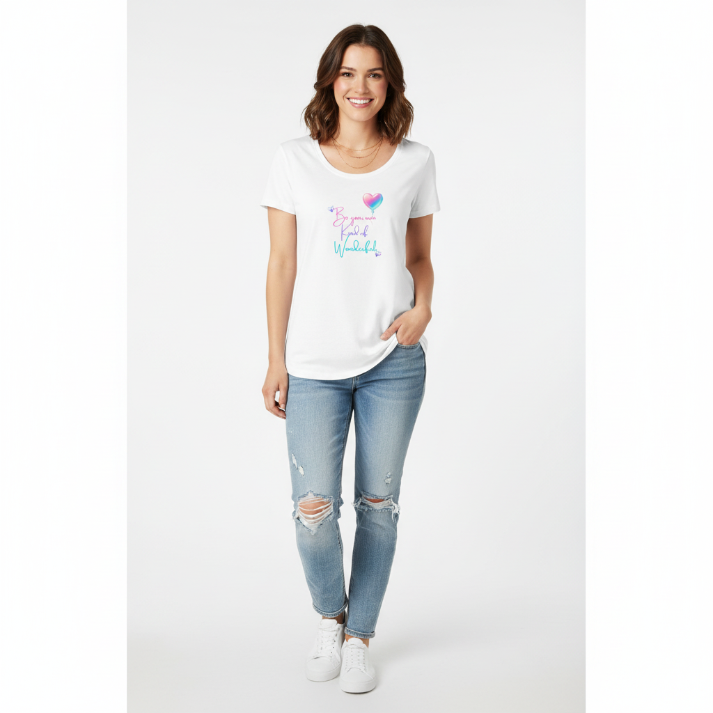 Woman wearing Be your own kind of Wonderful white tee