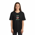 Woman wearing black boyfriend-style tee with smaller Discover the Sweet Life design