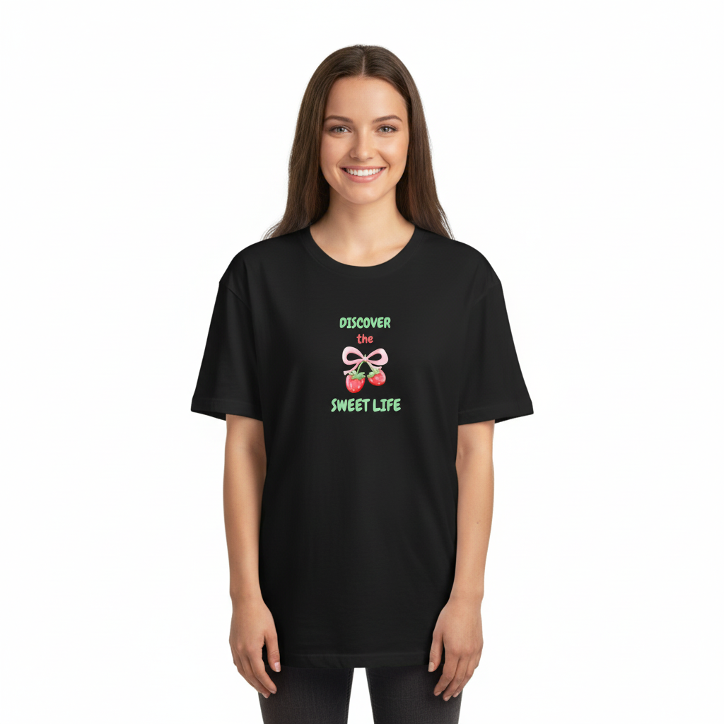 Woman wearing black boyfriend-style tee with smaller Discover the Sweet Life design