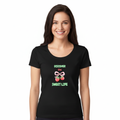 Woman wearing black scoop neck tee with smaller Discover the Sweet Life design