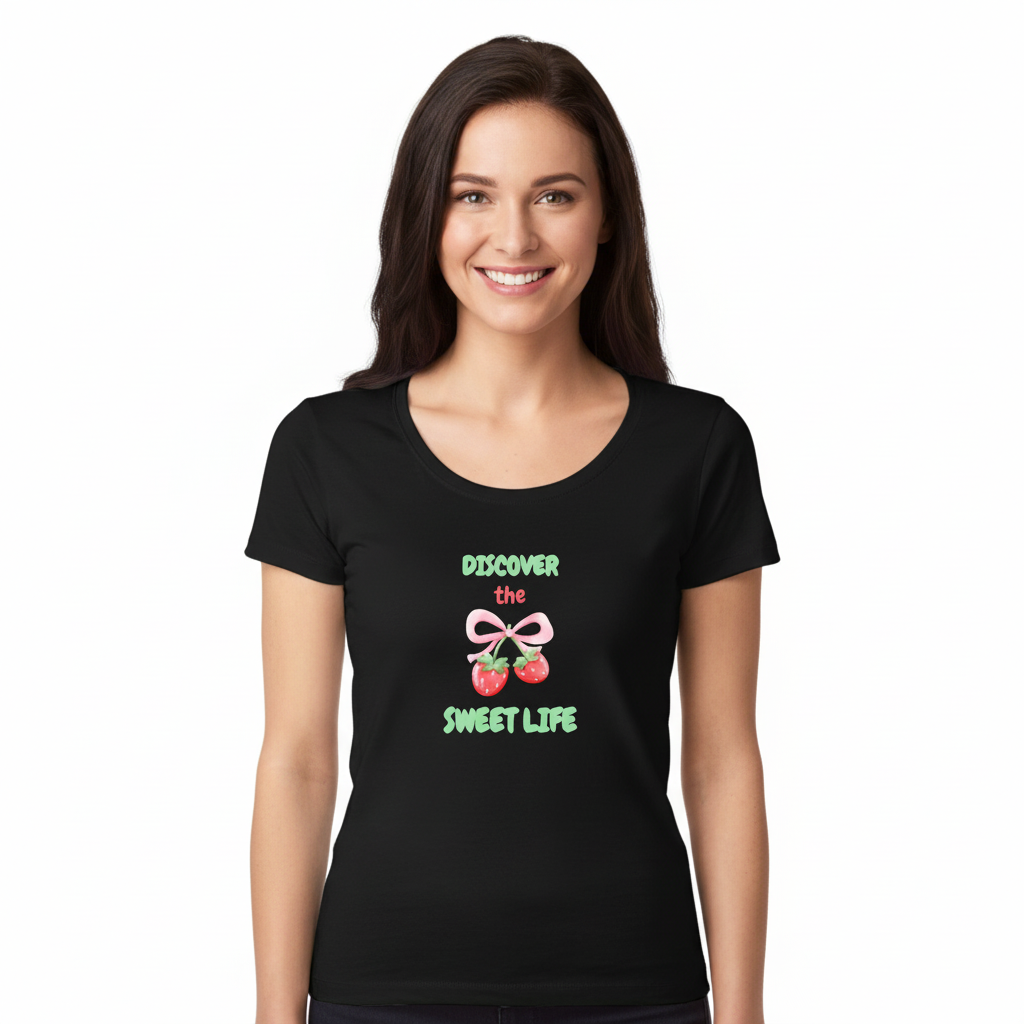 Woman wearing black scoop neck tee with smaller Discover the Sweet Life design