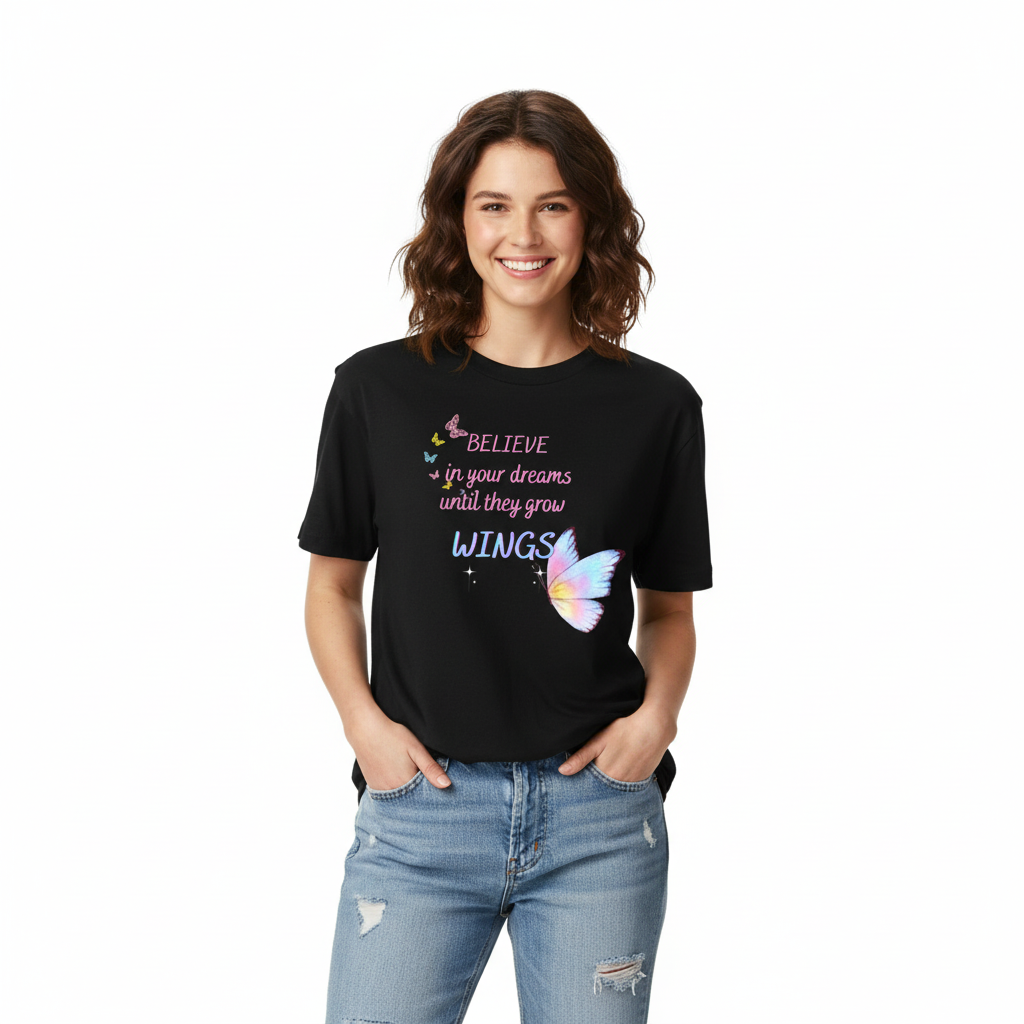 Woman wearing boyfriend-style Believe in your dreams tee