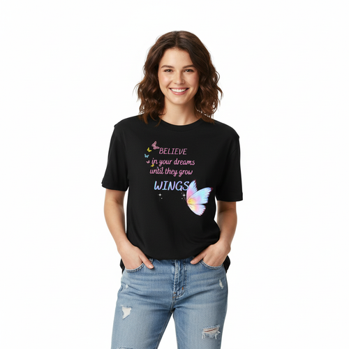 Woman wearing boyfriend-style Believe in your dreams tee