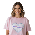 Woman wearing boyfriend style Share Your Heart t-shirt