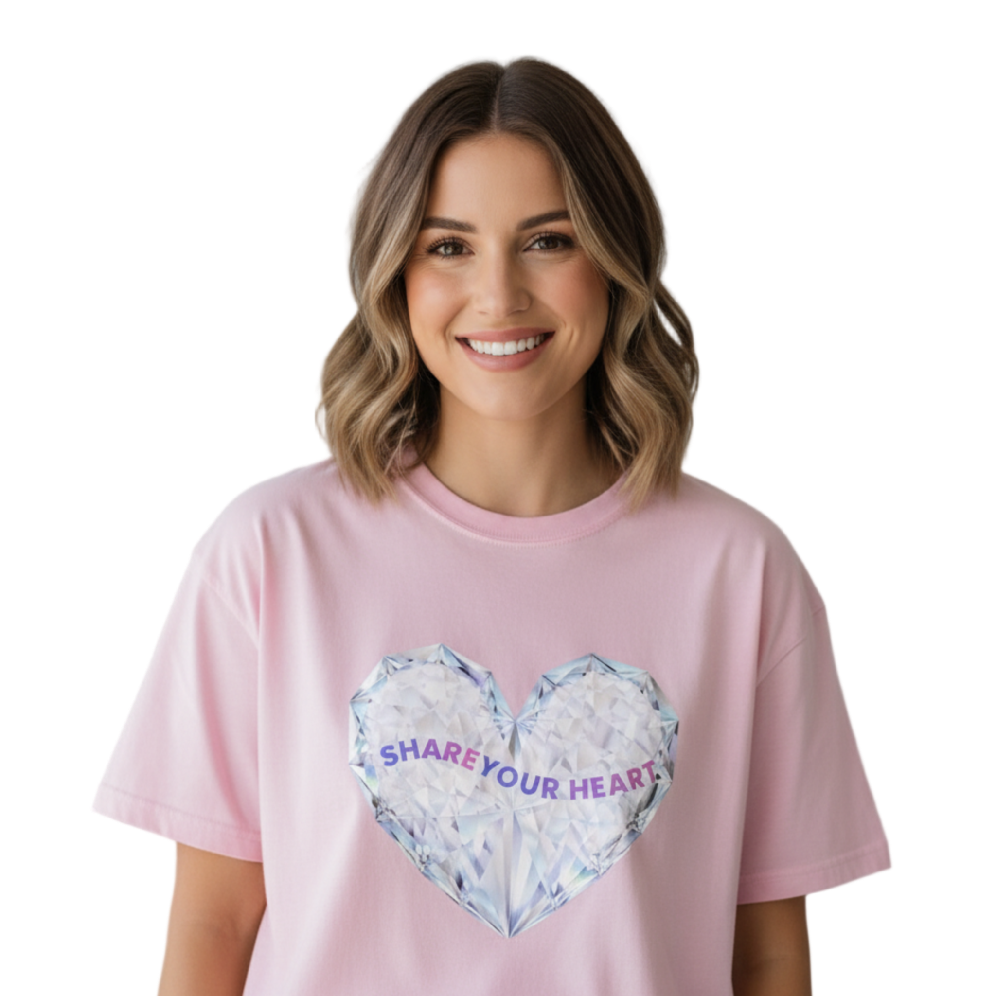 Woman wearing boyfriend style Share Your Heart t-shirt