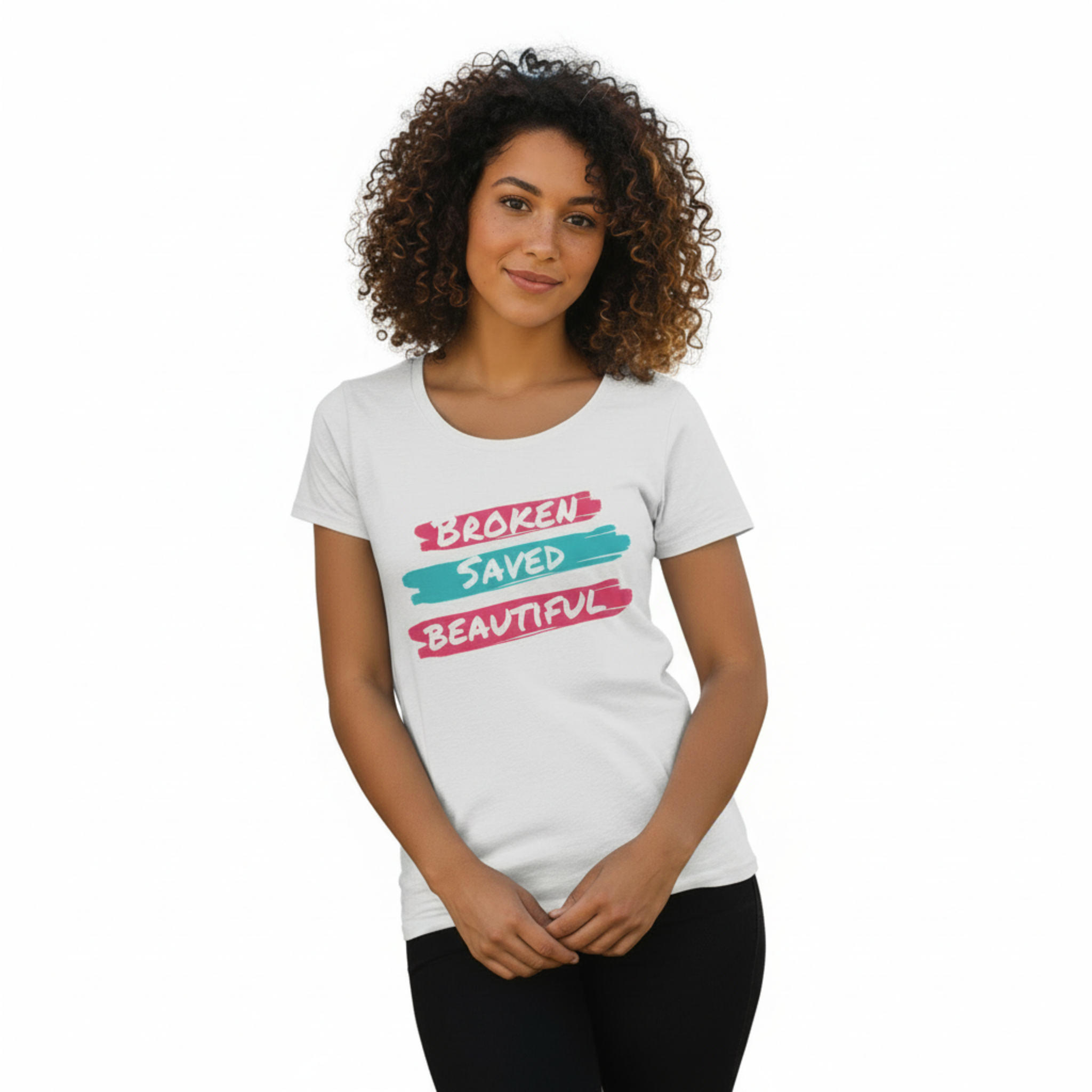 Woman wearing Broken Saved Beautiful t-shirt mockup