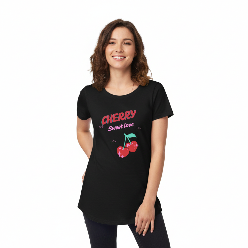 Woman wearing Cherry Sweet Love black t-shirt