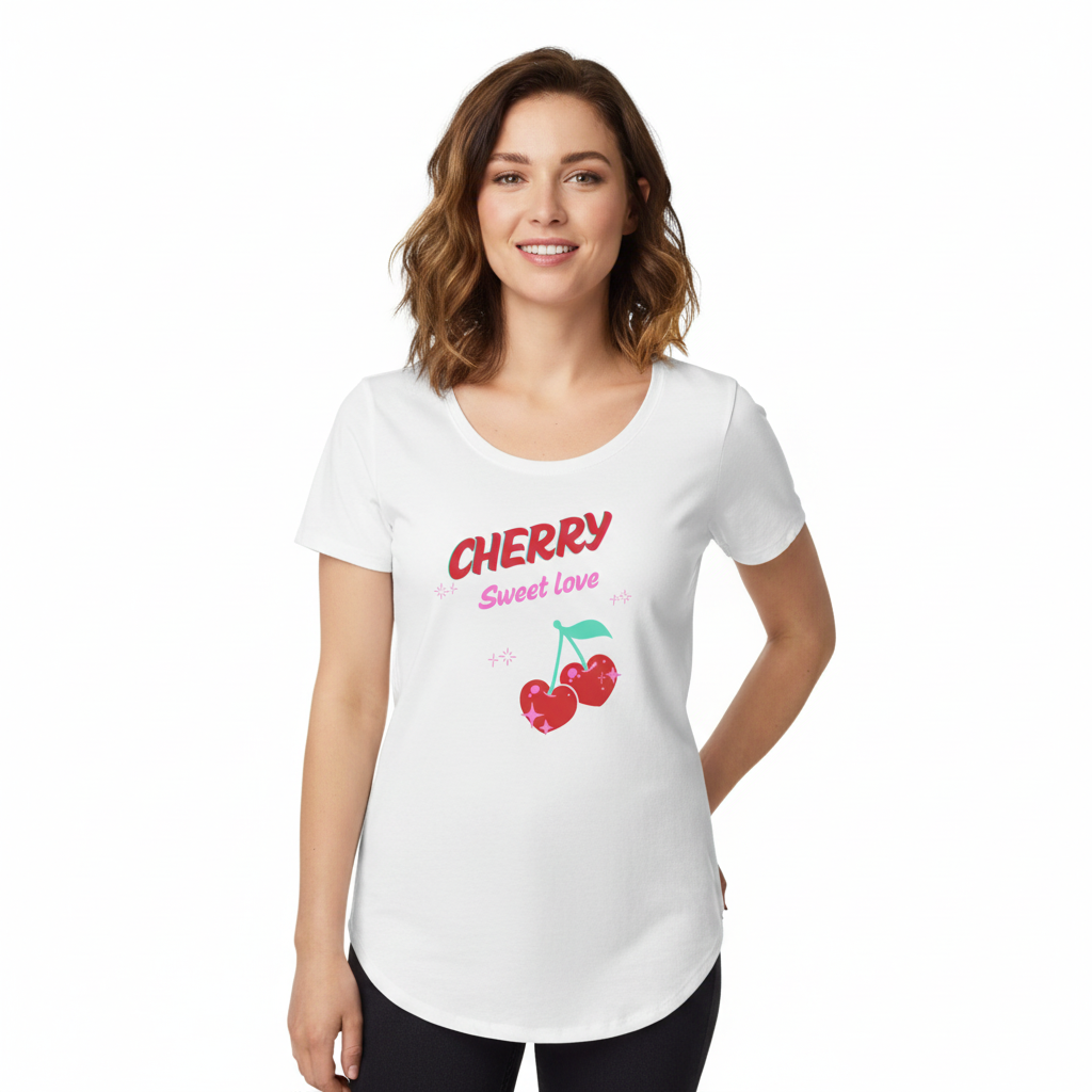 Woman wearing Cherry Sweet Love white t-shirt