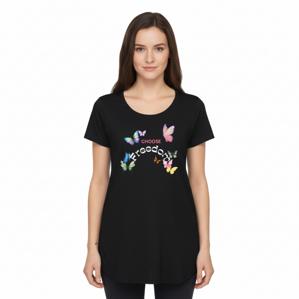 Woman wearing Choose Freedom tee - front view