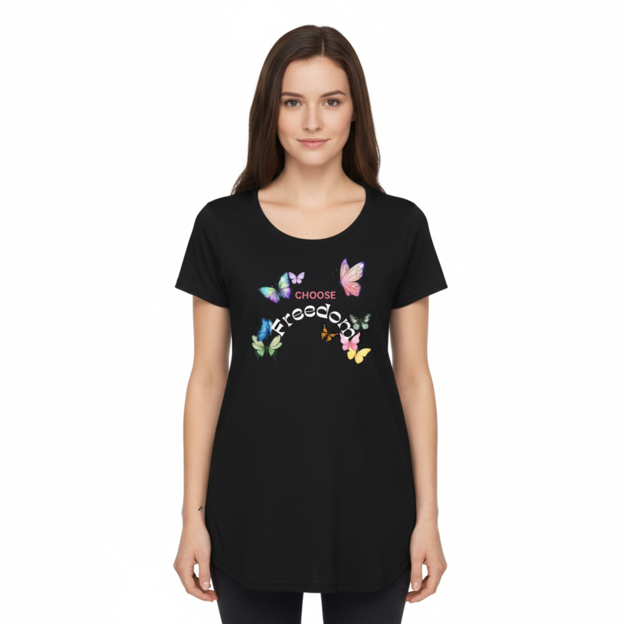 Woman wearing Choose Freedom tee - front view