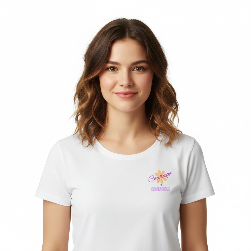 Woman wearing Courage is CONTAGIOUS tee - full head visible