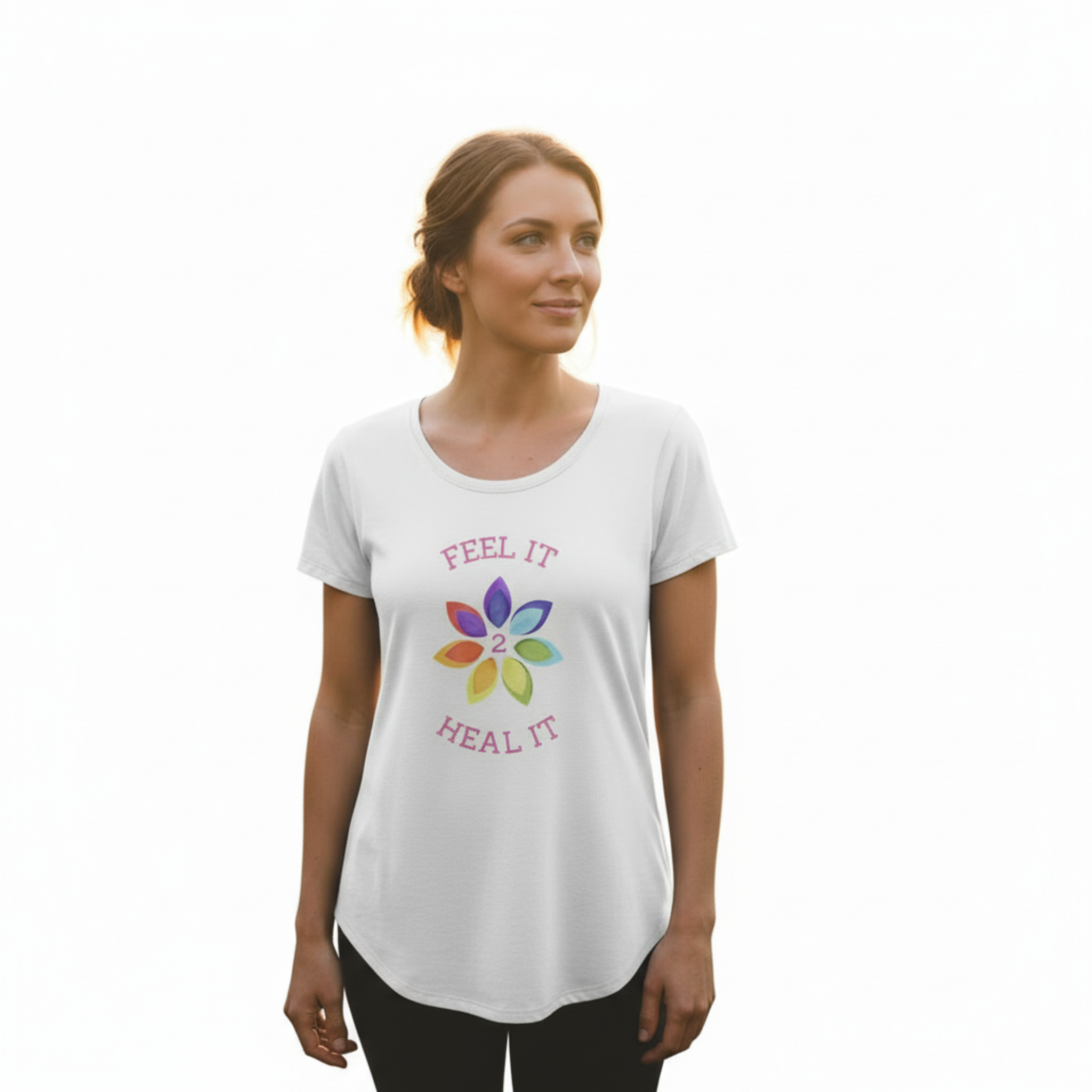 Woman wearing Feel it 2 Heal it t-shirt on white background