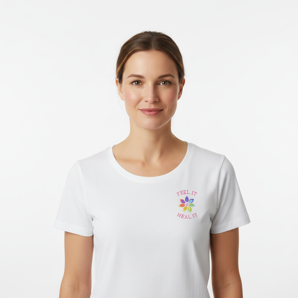 Woman wearing FEEL IT HEAL IT tee