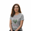 Woman wearing forever LOVED always WORTHY tee with white background