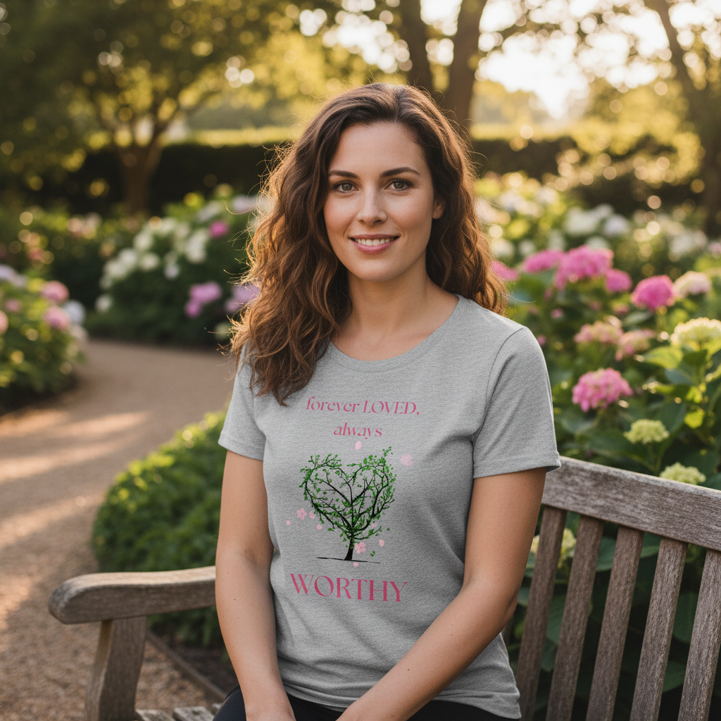 Woman wearing Forever Loved design tee in natural setting