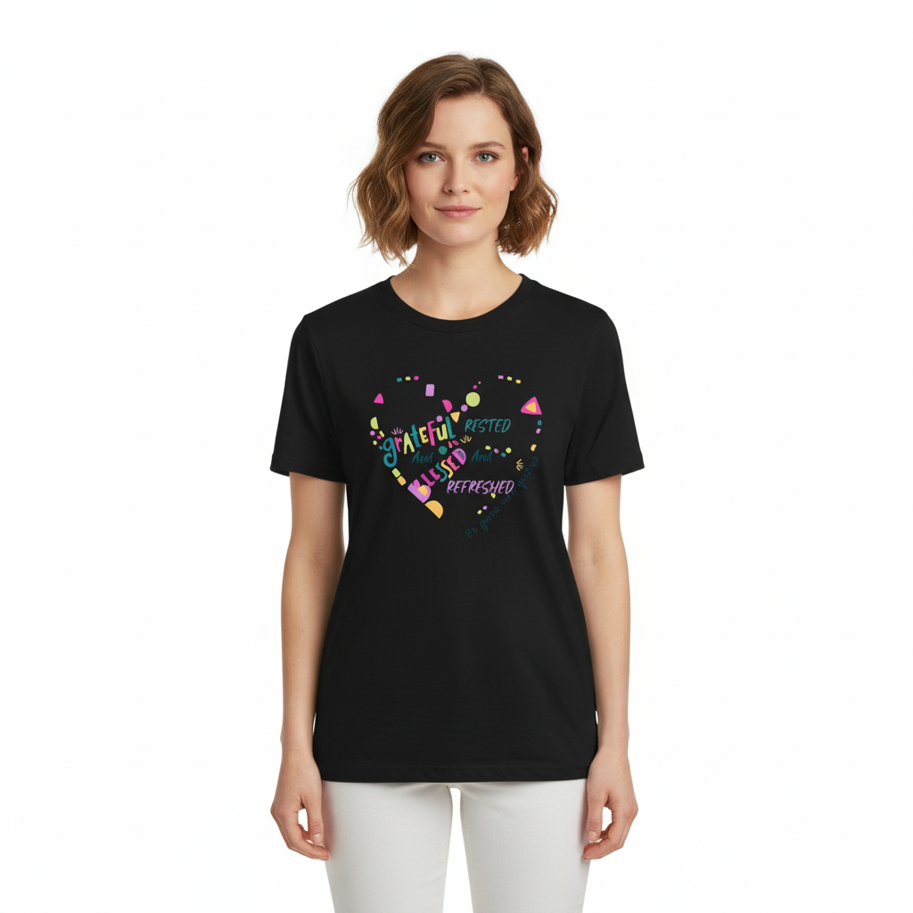 Woman wearing grateful and blessed tee - front facing