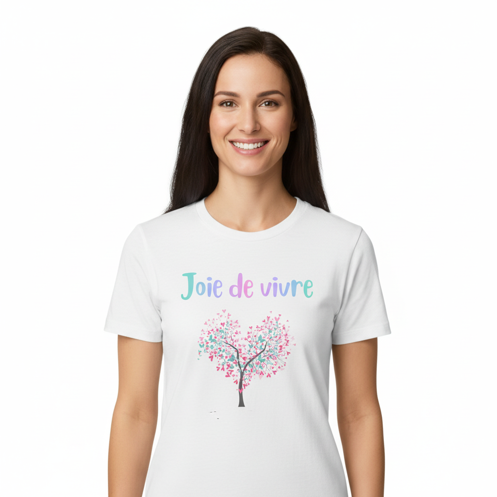 Woman wearing Joie de vivre t-shirt with medium-sized design