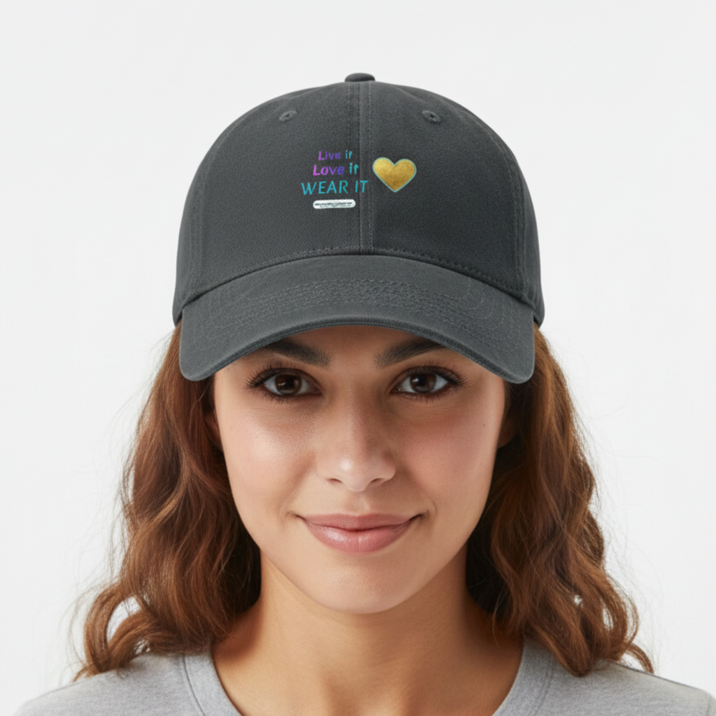 Woman wearing Live it Love it WEAR IT cap - design focused